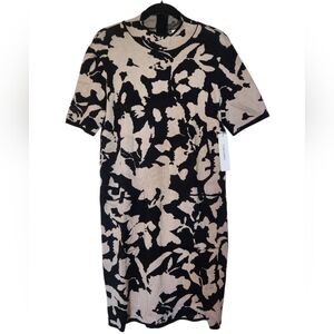 NWT Calvin Klein Abstract Print Black and Tan Short Sleeve Sweater Dress